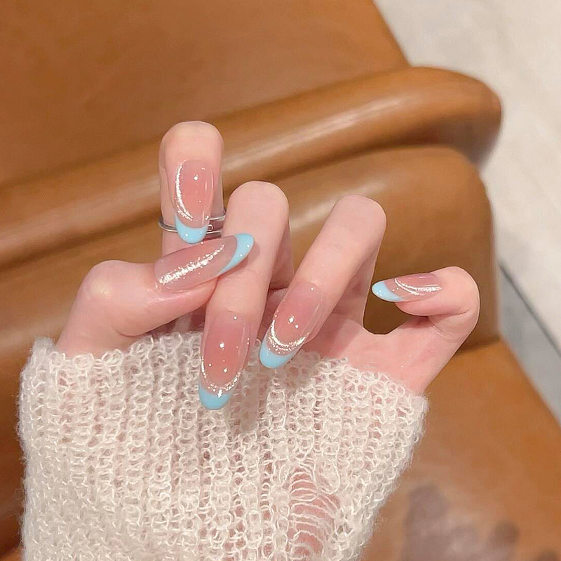 Summer Island Blue French Cat Eye Handmade Wearable Nails Blush Gradient High-End Whitening Effect Nail Art Fake Nail Tips