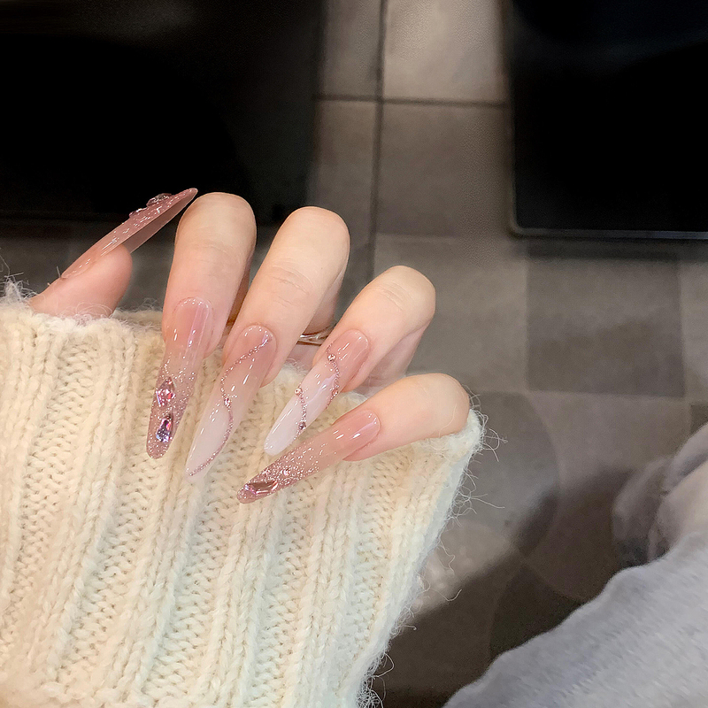 Pink Crushed Diamonds, Gentle Atmosphere, Pinkish Milky White Gradient, Ultra-Long Handmade Wearable Nails, Fairy-Like High-End Manicure