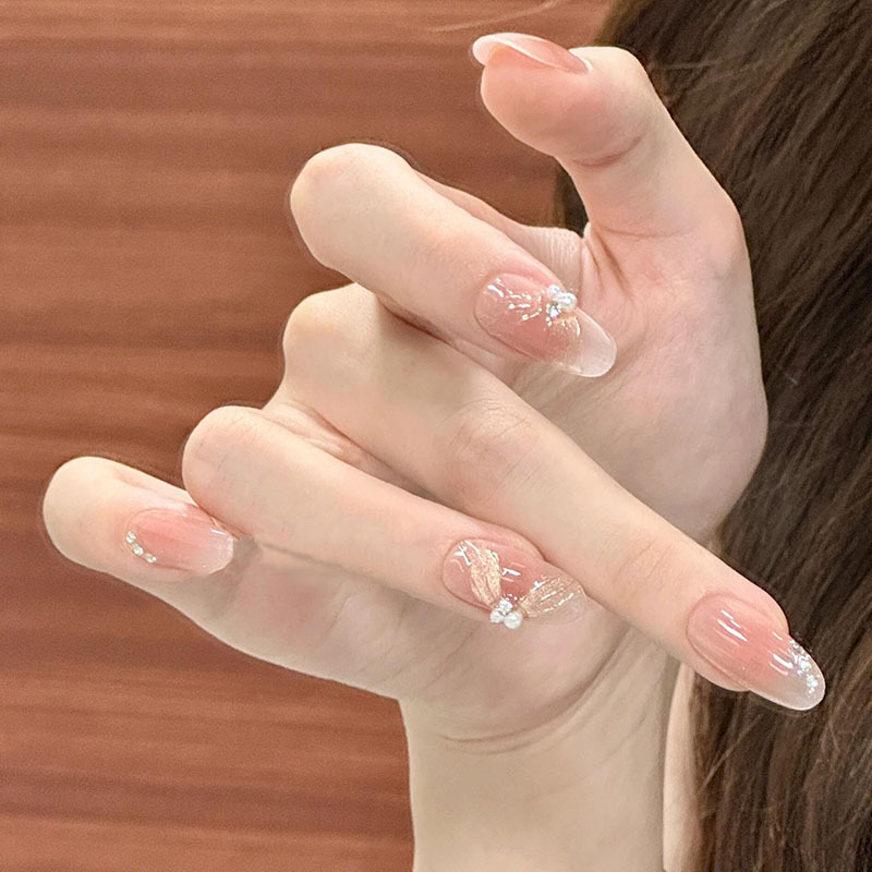 Romantic and Lingering Cat-Eye Ribbon, Gentle and Elegant, High-End Pearl Manicure, Pure Handmade Wearable Nails, Finished Nail Patches