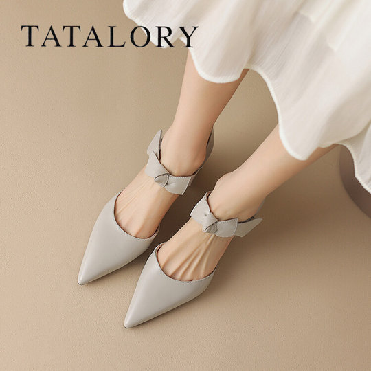TATALORY versatile handmade one-length belt bow bag sandals for women thick heel pointed toe bag hollow single shoes for women