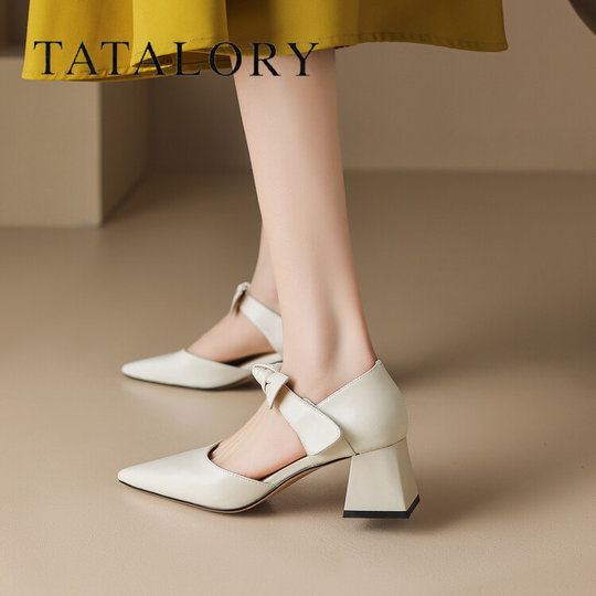 TATALORY versatile handmade one-length belt bow bag sandals for women thick heel pointed toe bag hollow single shoes for women