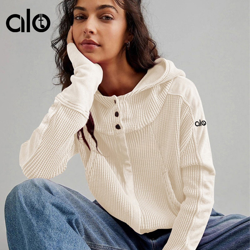 Aloide New European and American Style Waffle Knit Hooded Cardigan Sweatshirt Women's Hooded Jacket Zipper Knitwear Yoga Wear
