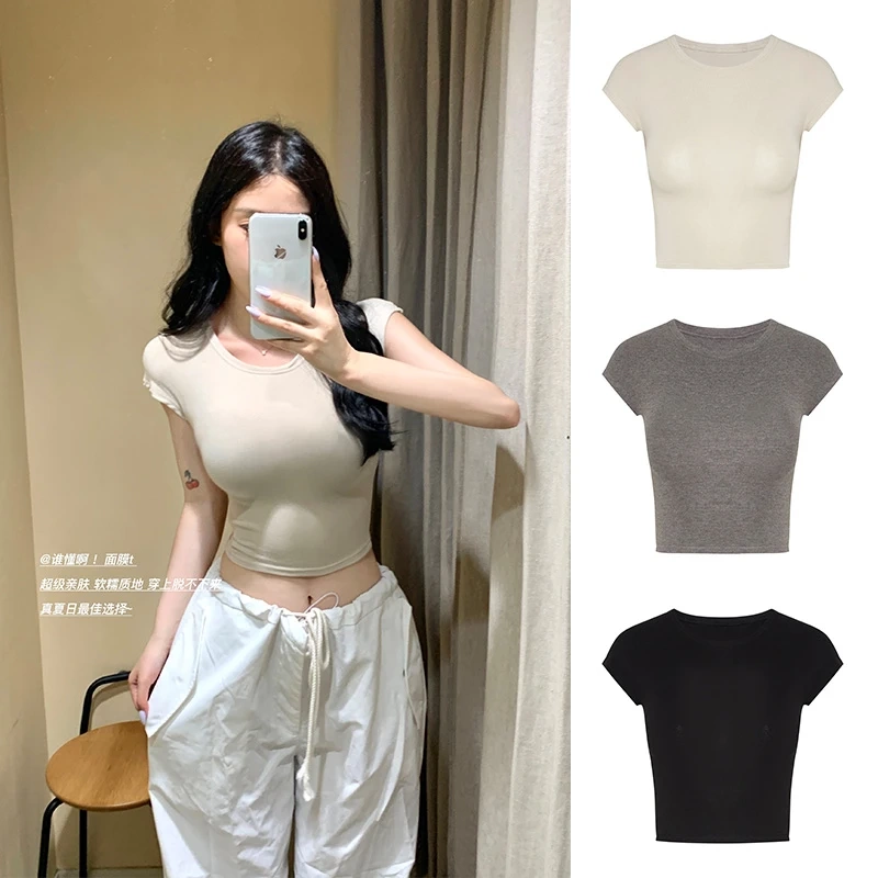 Moses Queen/Queen Moxi Navel-Baring Short-Sleeve T-Shirt for Women, Slim Fit, Small Flutter Sleeves, Round Neck, Cropped Top