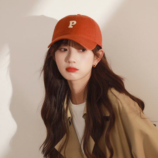 ins Wind Letter P Baseball Cap for Girls, Soft Top Sports Hat, Dirty Orange Color, Brightening, Korean Style, Versatile Duckbill Cap for Men