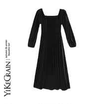 YiKeGra square collar with foam sleeves long style dress with dress feminine style retro velvet dress to collect waist display slim temperament skirt
