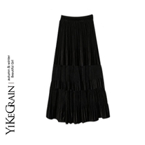 YiKeGra half body dress autumn winter women A character high waist pituality black 100 plexe cake half dresses Long 100 lap dresses