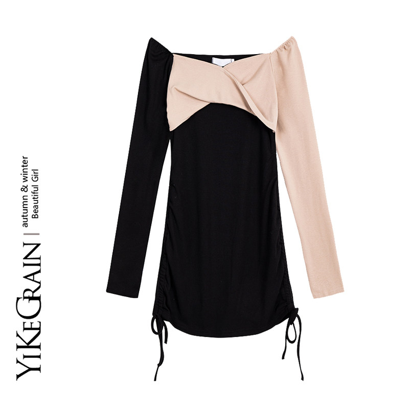 YiKeGra pure desire small Wildcat Coloured splicing Shoulder Skirt Elastic body Wear Wool Temperament Wrap Hip dress