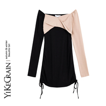 YiKeGra pure desire small Wildcat Coloured splicing Shoulder Skirt Elastic body Wear Wool Temperament Wrap Hip dress