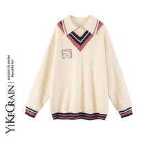 YiKeGra polo collar sweater womens winter school age college wind soft glutinous lazy personality design sensary sweatshirt jacket