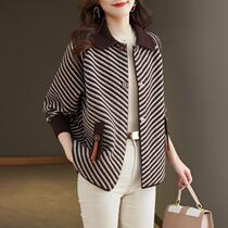 Striped lapel knitted cardigan womens spring and autumn thickened middle-aged mothers top 2024 new style woolen coat