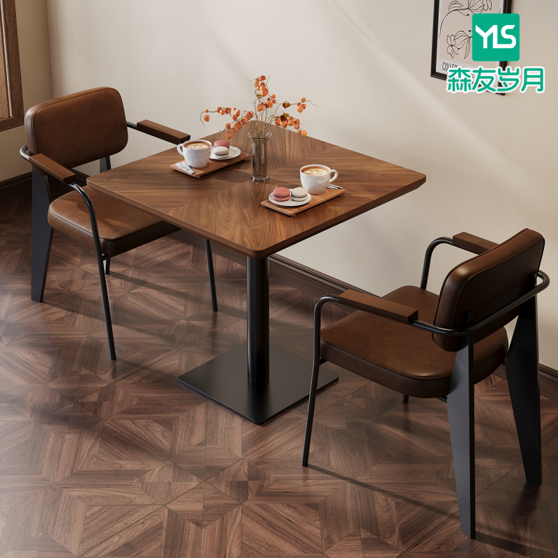 Retro Cafe Table and Chair Set for Commercial Use in Dessert, Milk Tea, and Bakery Shops, Solid Wood Square Table, Trendy Bar and Tavern Chairs