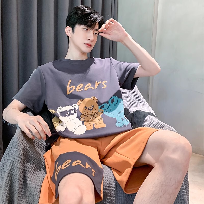 Pure Cotton Men's Pajamas, Short-Sleeved Shorts, Pure Cotton Style, Cartoon Style, Suitable for Teenagers to Wear Outside, Plus Size Loungewear