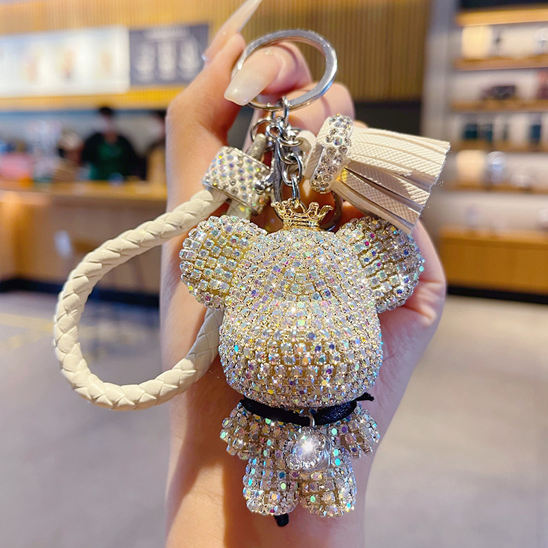 Full Diamond Big Head Crown Violent Bear Keychain Exquisite Women's Car Key Pendant Bag Decoration Key Chain for Women