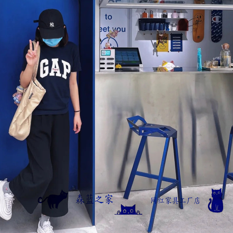 Klein Blue Deformed Diamond Chair Iron Art Metal Bar Chair Bar Chair Light Lavish Backrest High Foot Stool Minima Chair