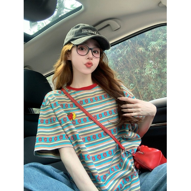 Maternity Wear, Nursing Clothes, Summer Outing, Hot Mom Style, Loose Striped Short-Sleeved T-Shirt, Women's Letter Print Color-Blocked Top