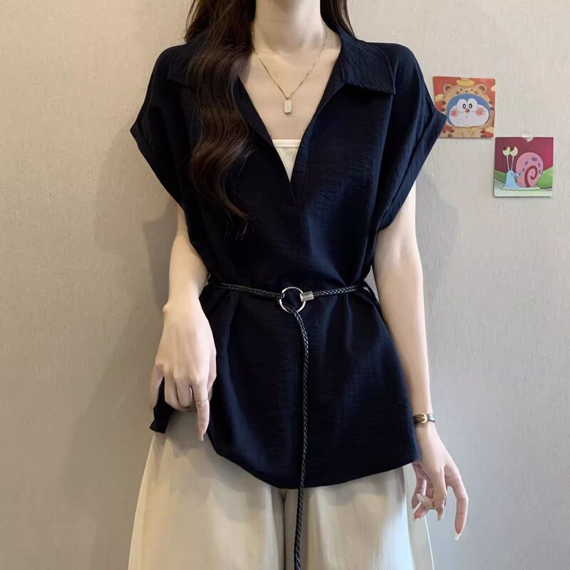 Breastfeeding Tops, Large Size V-Neck Short-Sleeved Shirts, Summer Loose-Fitting Slimming Tops with Straps and Waist-Cinching Fake Two-Piece Tops