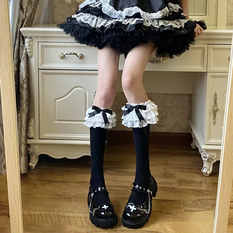 Lolita Large Lace Mid-Calf Socks for Women with Bow, Multi-Layered Lace Lolita Calf Socks, Jk Spicy Girl Style, Black
