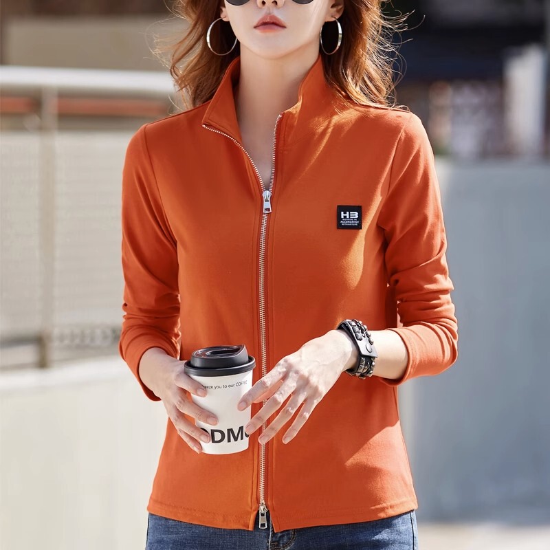 Pure Cotton Small Jacket for Women, Long-Sleeved T-Shirt with Zipper, Polo Collar, Stand-Up Collar, Stylish and Slimming, Outerwear Sweatshirt for Autumn and Winter 2026