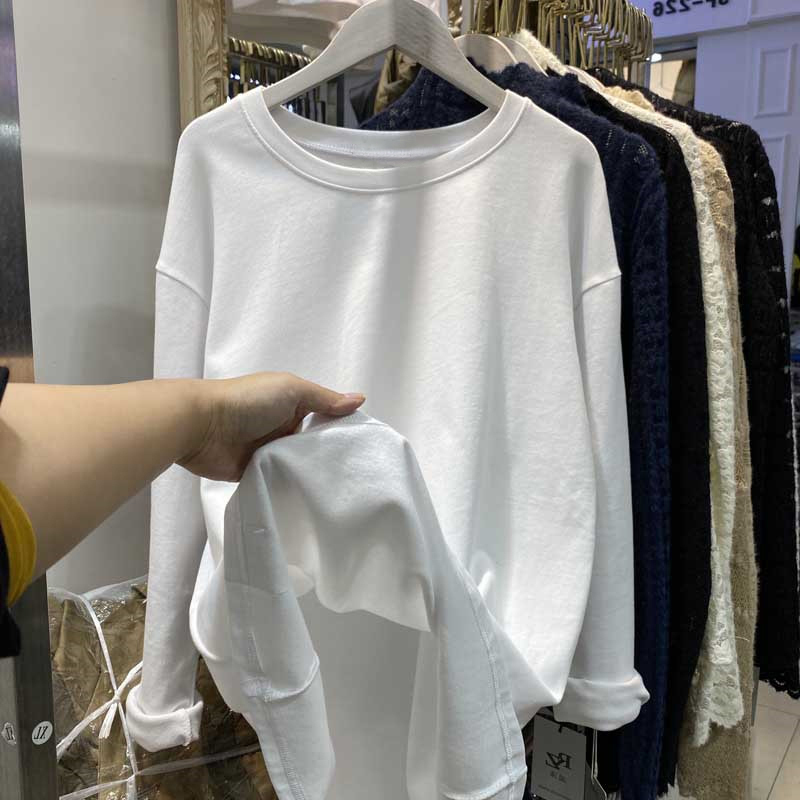 Spring, Autumn and Winter Pure Cotton Brushed Long-Sleeved T-Shirt for Women, Mid-Length Korean Style Loose Large Size Top, Base Shirt, Age-Reducing Trendy Spring, Autumn and Winter Pure Cotton Brushed Long-Sleeved T-Shirt for Women, Mid-Length Korean Style Loose Large Size Top, Base Shirt, Age-Reducing Trendy