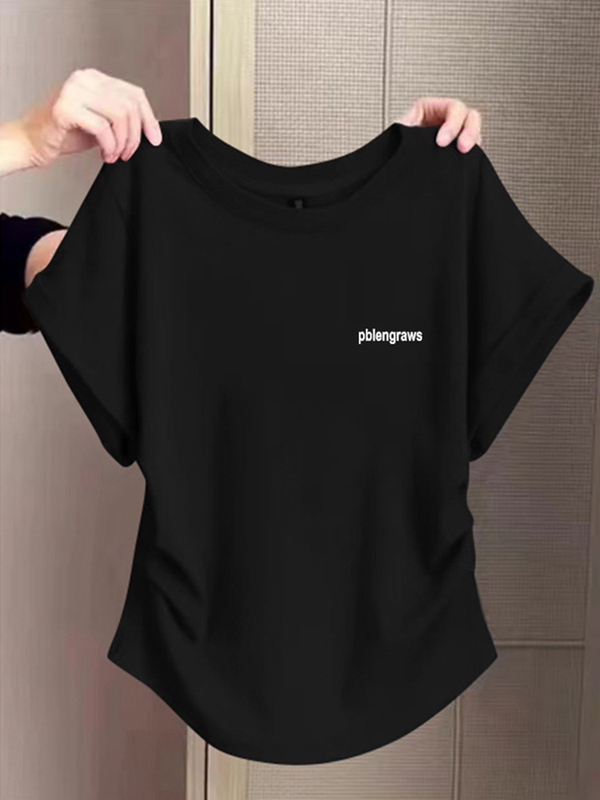 Short-Sleeved T-Shirt with Small Flutter Sleeves, Pure Cotton, Women's Stylish Design, Waist-Cinching, Slimming, Black Top, Summer Base Shirt