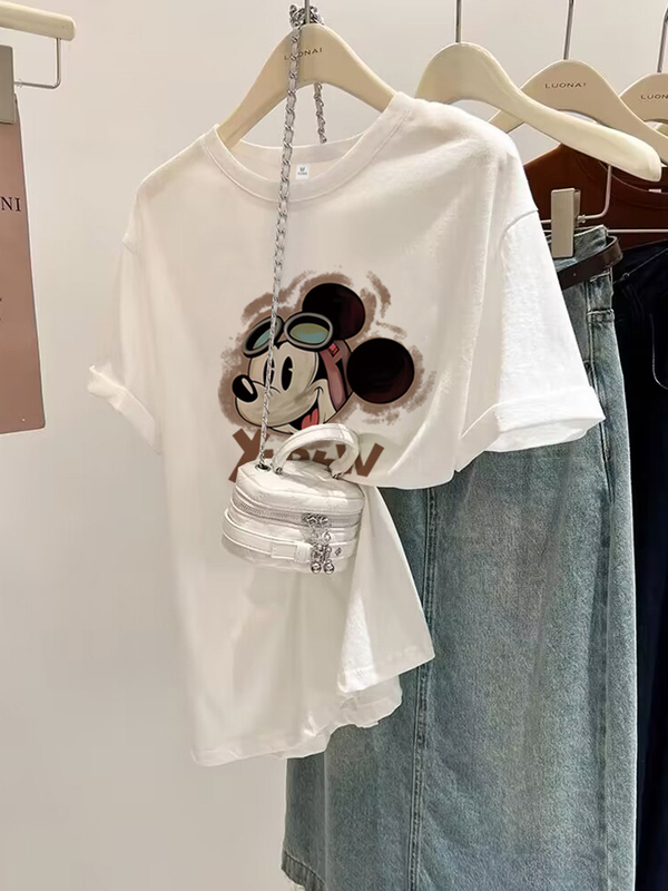 2026 New Pure Cotton Round Neck Short-Sleeved T-Shirt for Women, Mid-Length Korean Style Loose Large Size Half-Sleeved White Top for Summer
