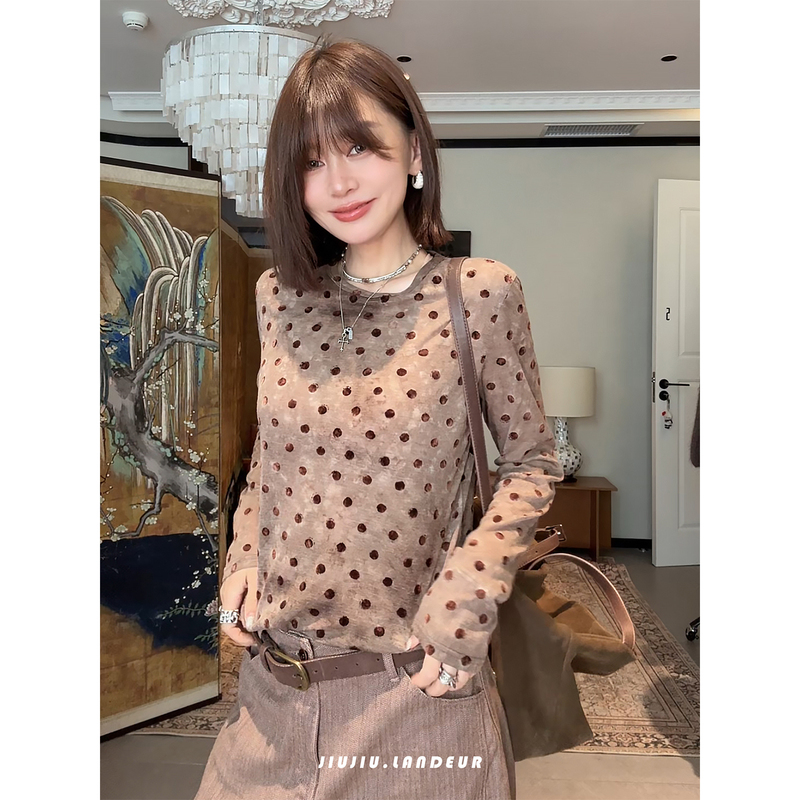 【Apricot Mist Light】Vintage Polka Dot Long Sleeve T-Shirt Versatile Slimming Top Women's Base Shirt 【Apricot Mist Light】Vintage Polka Dot Long Sleeve T-Shirt Versatile Slimming Top Women's Base Shirt