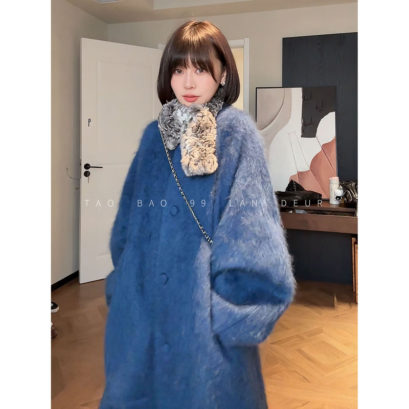 In Stock [Shanshan Qiqi] Pure Sheep Wool Cashmere Korean Style Atmospheric Blue Long Woolen Coat