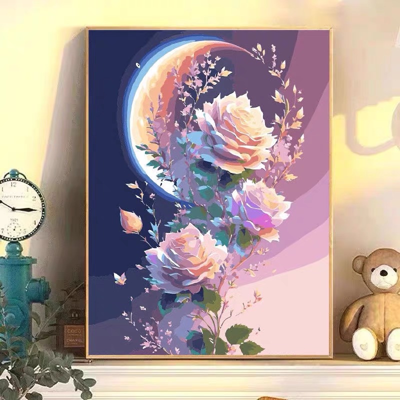 Star Moon Rose Digital Oil Painting Diy Padding Painted Artisanal Painting Meritocratic Floral Propylene Oil Color Painting Decoration Painting-Taobao