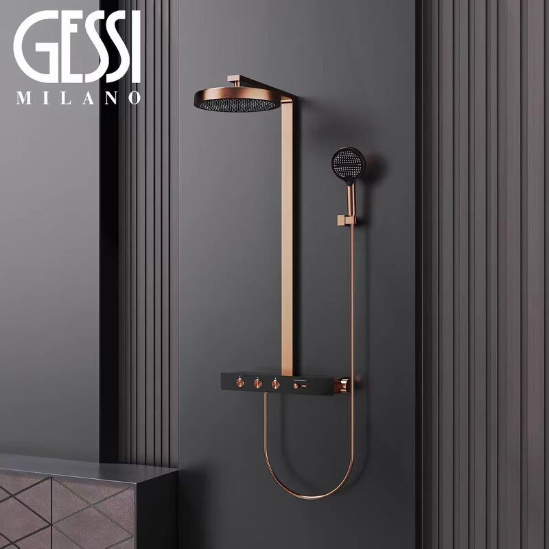 Italian Gessi Exposed Shower Head with Copper Large Top Spray, Adjustable Water Flow, Rose Gold Button Shower Set