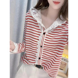 Unique and Beautiful Stripes Hooded Sweatshirt Women's 2025 New arrival Niche style Stylish Lace Hoodie Tops Spring and Autumn