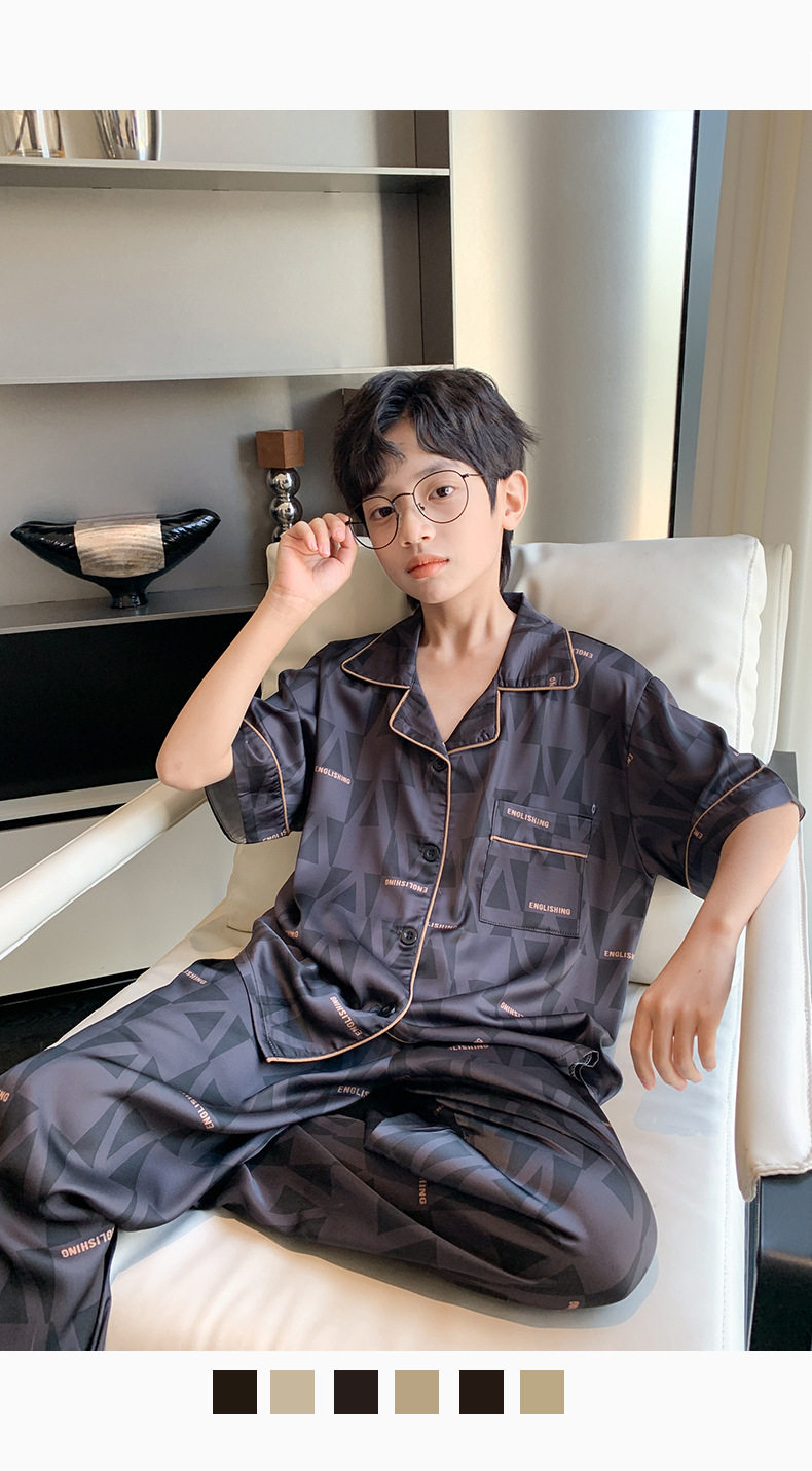 全棉纯棉冰丝睡衣男孩夏季短袖三件套中大童空调服2026新款家居服 — 13