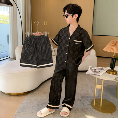 All-Cotton Pure Cotton Ice Silk Pajamas for Boys, Summer Short-Sleeve Three-Piece Set, Air-Conditioned Clothing for Older Children, 2026 New Model — 6