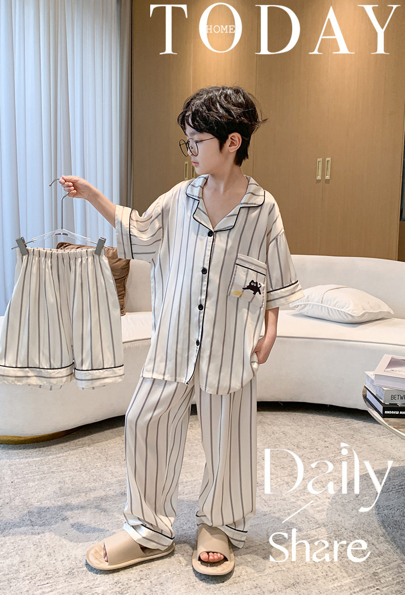 全棉纯棉冰丝睡衣男孩夏季短袖三件套中大童空调服2026新款家居服 — 1