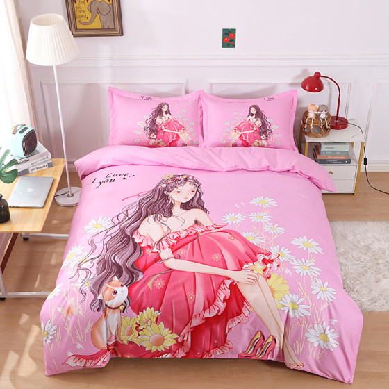 Cartoon ins bed sheets and quilt cover four-piece set cute student dormitory bed three-piece set
