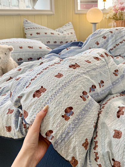 Cartoon Puff Cotton Double-Layer Gauze Four-Piece Set Washed Cotton Bed Sheet Duvet Cover Fitted Sheet Student Dormitory Three-Piece Set