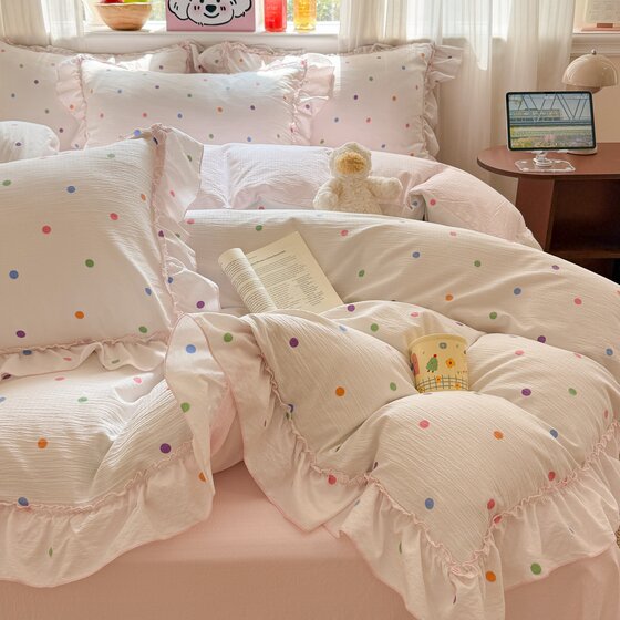 Super Soft Double-Layer Gauze Four-Piece Bedding Set, Korean Style French Lace Quilt Cover, Four-Season Dormitory Bed Sheet and Quilt Cover Three-Piece Set