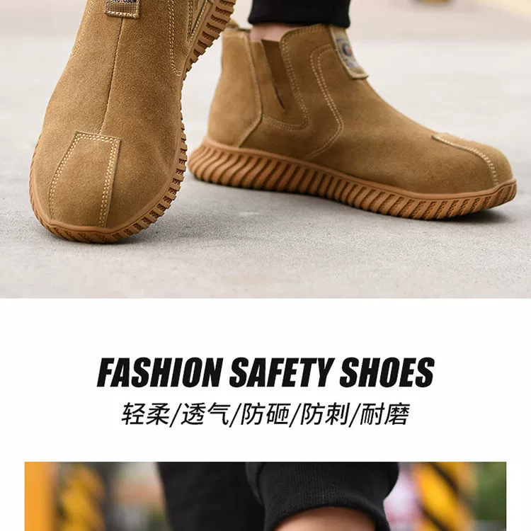 giày lao động không dây Giày bảo hộ lao động da thật không đầu thép nam nữ siêu nhẹ đi làm bốn mùa không đế thép đế mềm công trường hàn điện một đạp Giày bảo hộ không dây giày lười bảo hộ