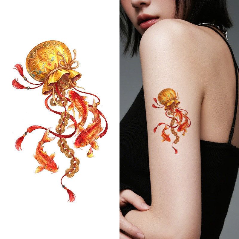 Two Copper Coin Bags with Koi Fish Bring Wealth and Prosperity, Colorful Temporary Tattoo Stickers, Long-Lasting, Waterproof, Sweat-Proof, Ancient Style for the Arm