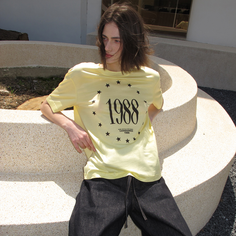 Cassesango Chicken Yellow Two-Tone Tencel Dopamine Light and Breathable Star Print Thin Comfortable Short Sleeve T-Shirt
