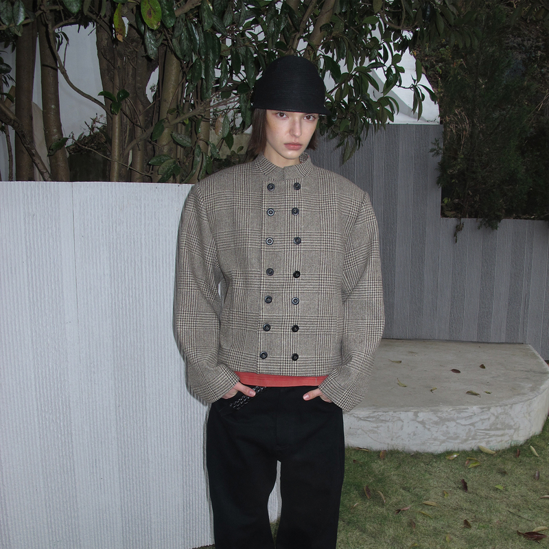 Cassesango Double-Breasted Houndstooth Wool Stand Collar Chinese-Style Wide-Shoulder Waist-Cinching Early Spring Blazer Jacket Cassesango Double-Breasted Houndstooth Wool Stand Collar Chinese-Style Wide-Shoulder Waist-Cinching Early Spring Blazer Jacket