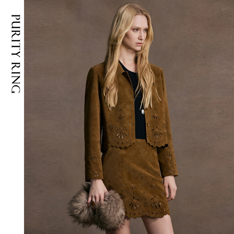 【Celebrity Style】Purite Stunning Hollow Design |   Artistic Floral Pattern Suede Embroidered Jacket and Skirt
