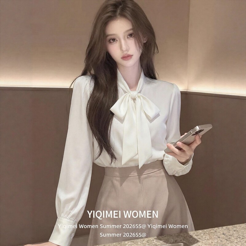 White Collared Long-Sleeved Shirt for Women, Early Autumn French Style with Bow Tie and Ribbon, Unique and Elegant Blouse Top White Collared Long-Sleeved Shirt for Women, Early Autumn French Style with Bow Tie and Ribbon, Unique and Elegant Blouse Top