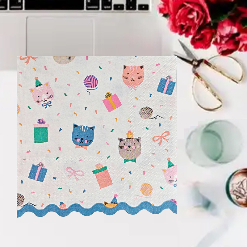 The Whole Pack Is Approximately 24X24Cm, Christmas Gift Cat Head 3-Layer Tissue, Colorful Napkin, Handkerchief, Printed Tissue Paper