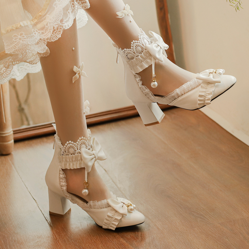 White Round-Toe Sweet and Cute Sandals Student Lolita Chunky Heel Summer Leather Shoes Princess Shoes Big Girl High Heels
