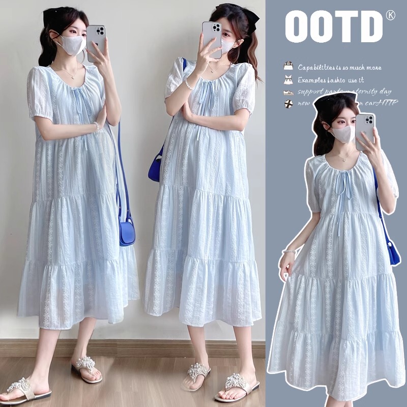 French Uamtor Maternity Dress 2026 New Summer Sea Salt Style Fashionable Loose Slimming Mid-Length Dress