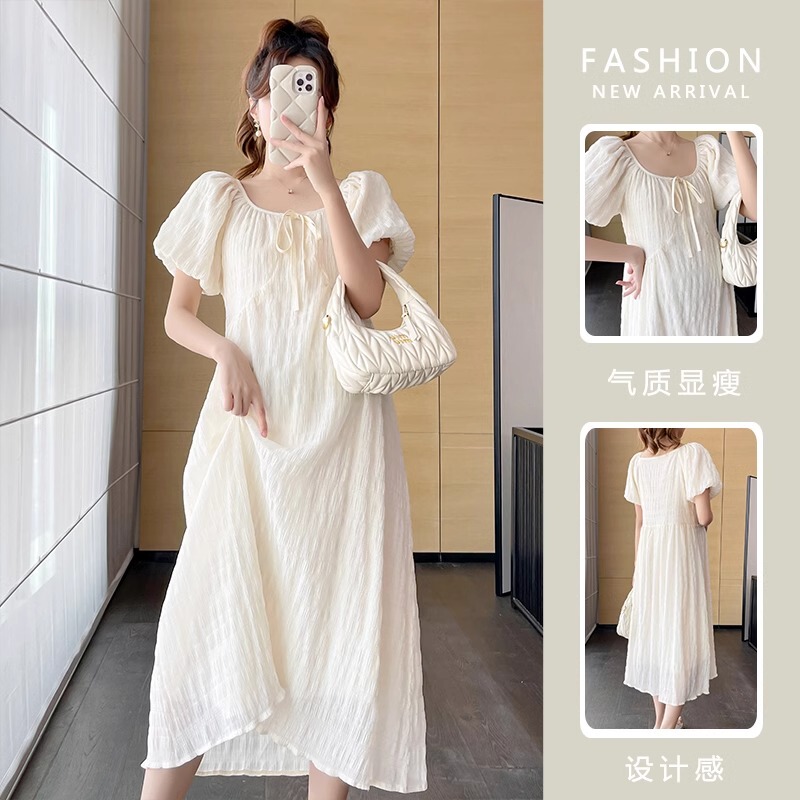 French Uamtor Maternity Wear Summer 2026 New Fashion Elegant Puff Sleeve Long Dress Loose Slimming Dress