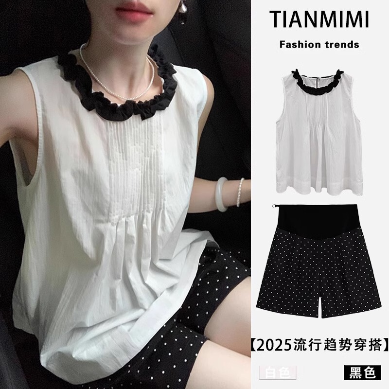 French Uamtor Maternity Suit, Summer New Style, High-End Design, Sleeveless Top, Polka-Dot Shorts, Two-Piece Set