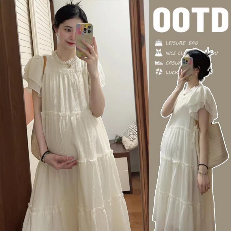 French Uamtor Maternity Dress Summer 2026 New Style with Ruffle Sleeves, Loose Cake Dress That Covers the Belly Without Showing Pregnancy