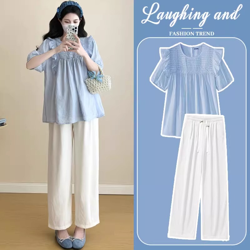 French Uamtor Maternity Suit Summer 2026 New Fashion Petite Belly-Covering Chiffon Shirt Glacier Blue