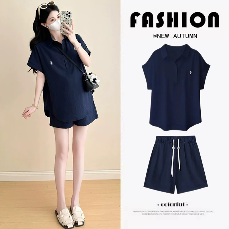 French Uamtor Maternity Set Summer Fashion Stylish Casual Loose Belly-Covering Polo Collar Top and Shorts